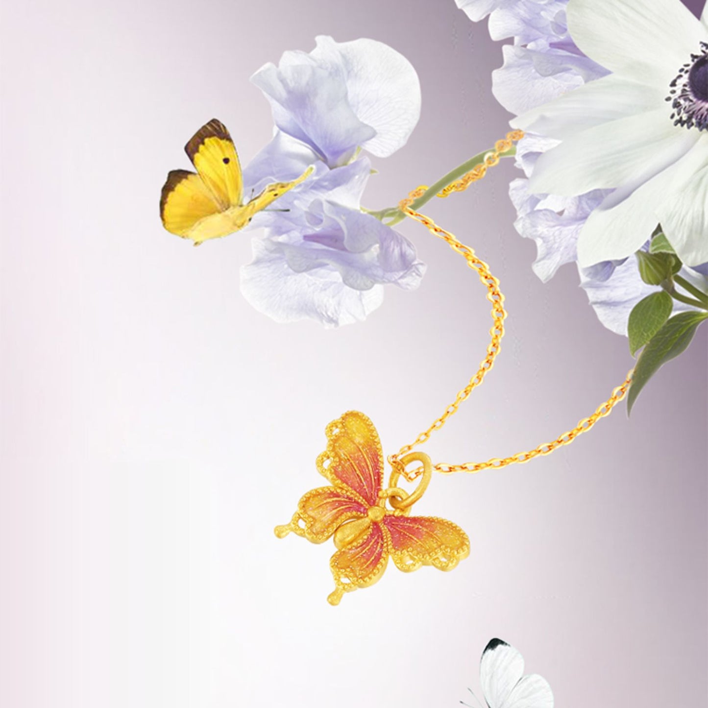 SUNFEEL 24K Gold Butterfly Pendant Pink Starlight Pendant Necklace Real Solid Gold Jewelry Gifts for Women