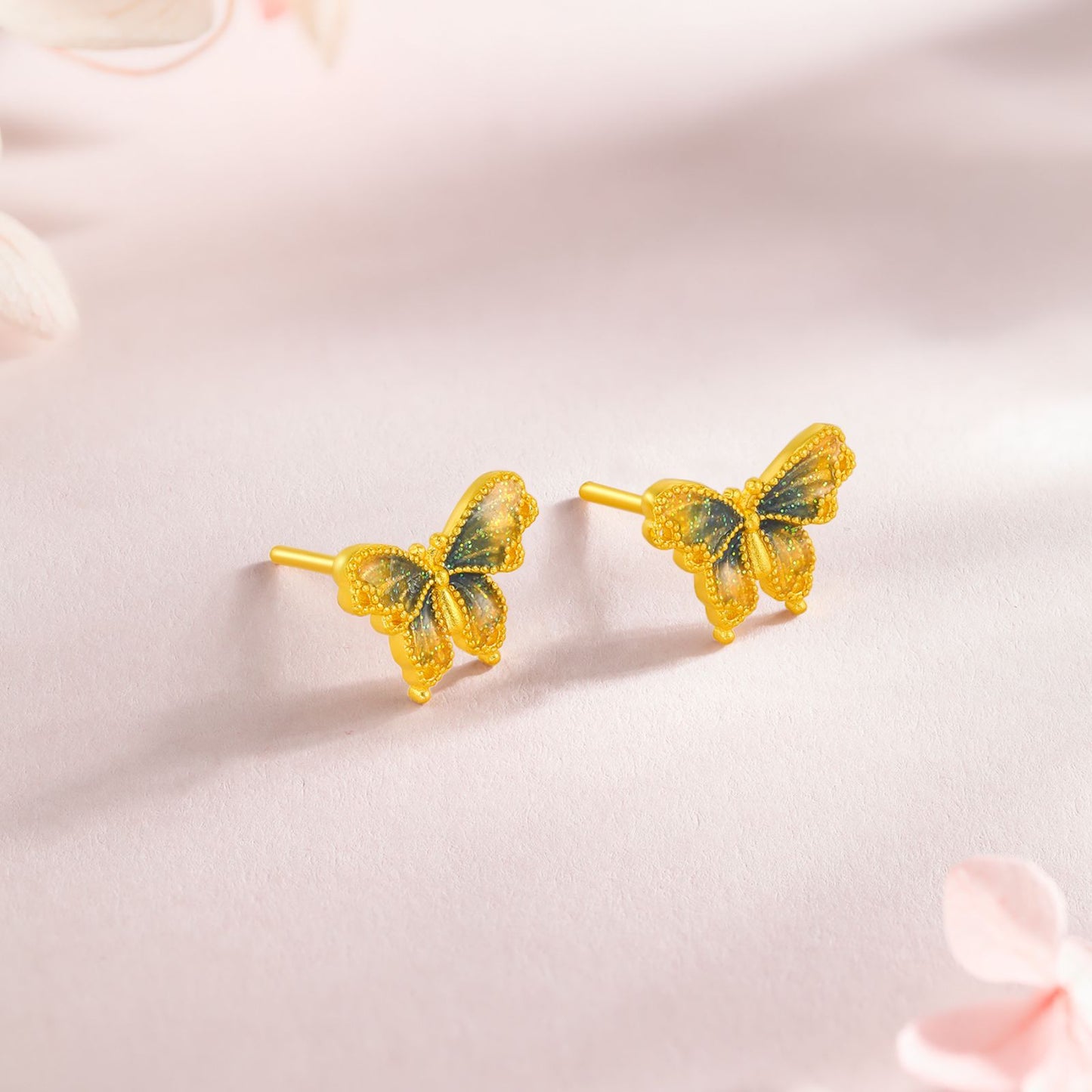 SUNFEEL 24K Gold Butterfly Stud Earrings Dainty Real Yellow Gold Blue Starlight Studs for Women