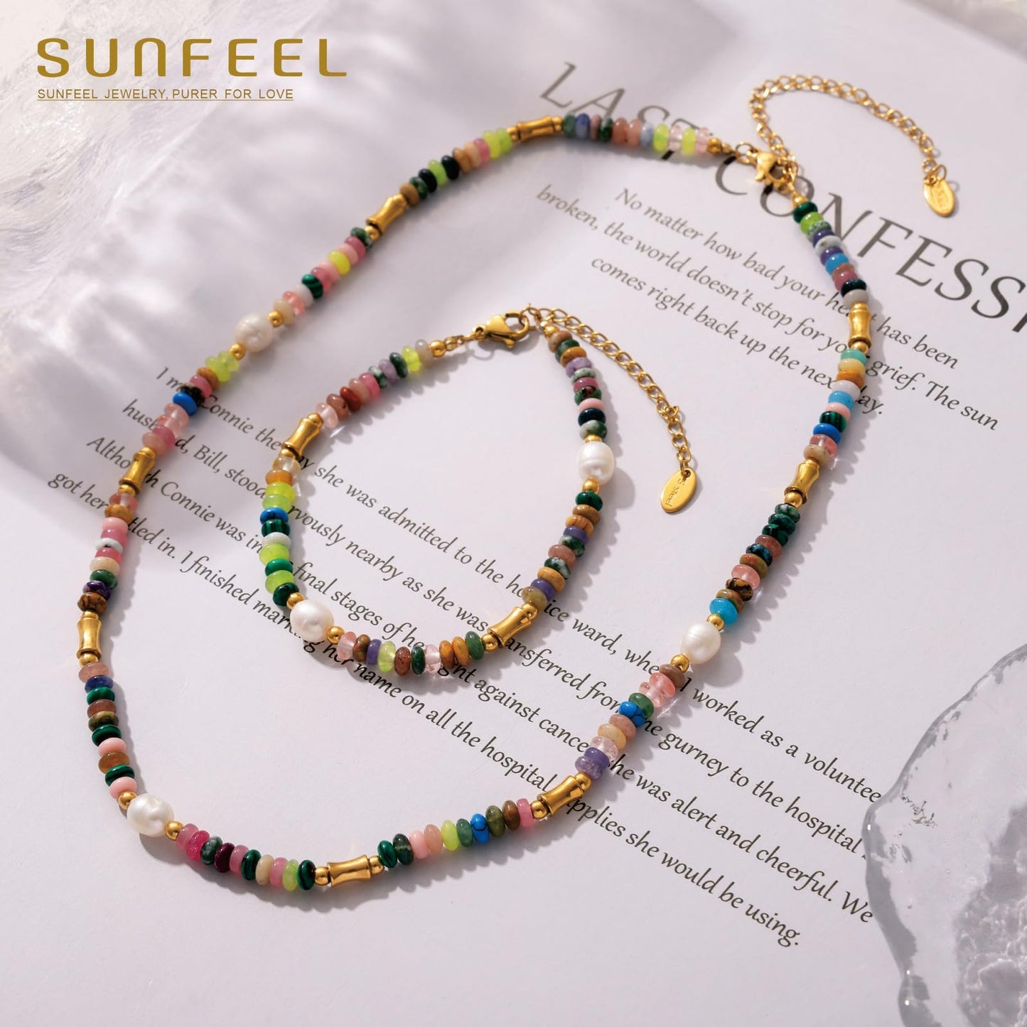 SUNFEEL Boho Beaded Bracelets for Women Colorful Natural Stone Bracelets Gold Pearl Chain Jewelry For Friendship and Birthday Gifts