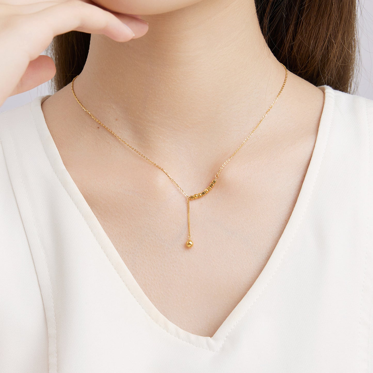 18K/Au750 Real Gold Y Necklace for Women | 2mm Yellow Gold Small Square Y Necklace with 4mm Bead Pendant | 18" Gold Chain for Women |Light LuxuryJewelry Gift for Her