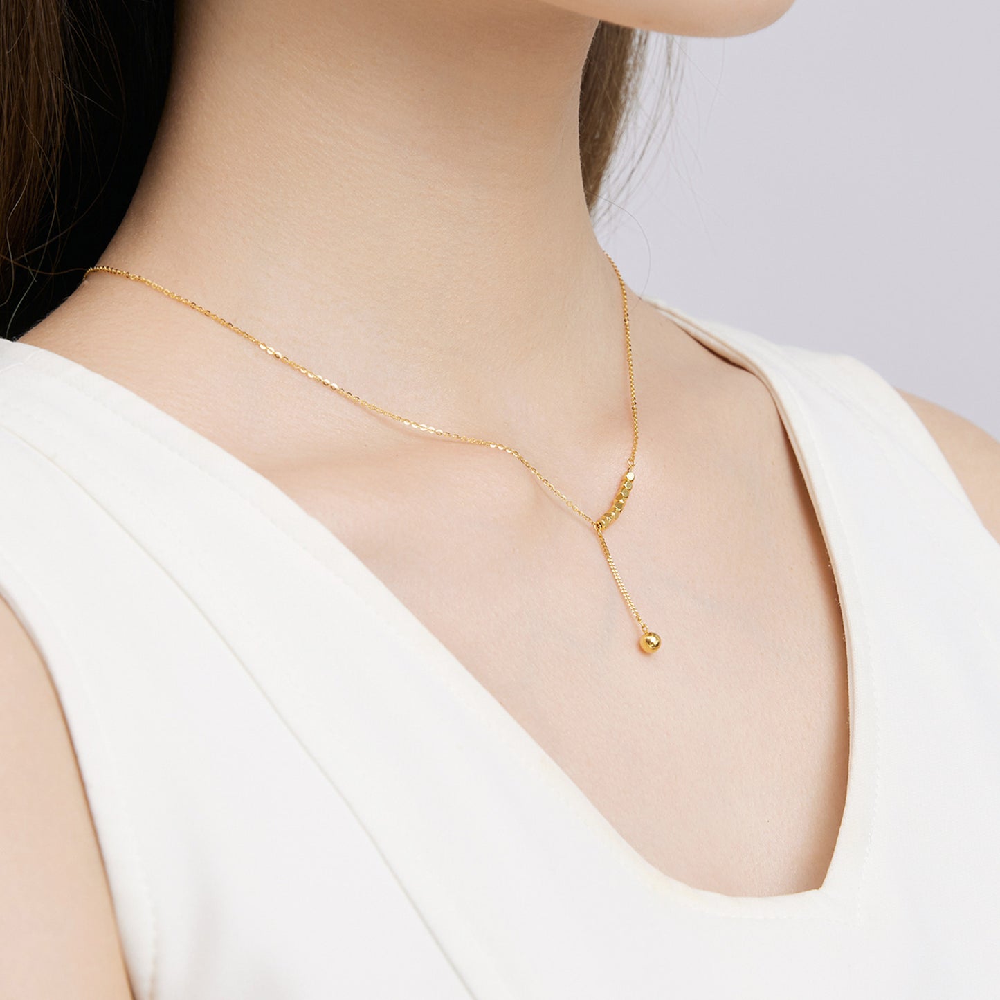 18K/Au750 Real Gold Y Necklace for Women | 2mm Yellow Gold Small Square Y Necklace with 4mm Bead Pendant | 18" Gold Chain for Women |Light LuxuryJewelry Gift for Her