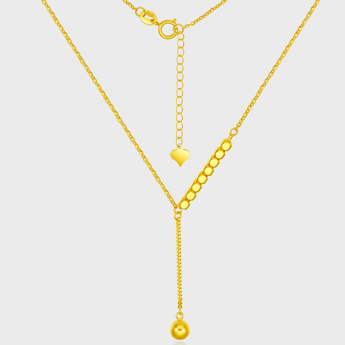 18K/Au750 Real Gold Y Necklace for Women | 2mm Yellow Gold Small Square Y Necklace with 4mm Bead Pendant | 18" Gold Chain for Women |Light LuxuryJewelry Gift for Her