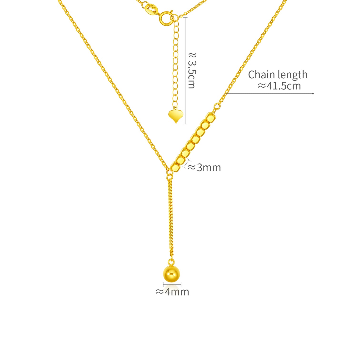 18K/Au750 Real Gold Y Necklace for Women | 2mm Yellow Gold Small Square Y Necklace with 4mm Bead Pendant | 18" Gold Chain for Women |Light LuxuryJewelry Gift for Her
