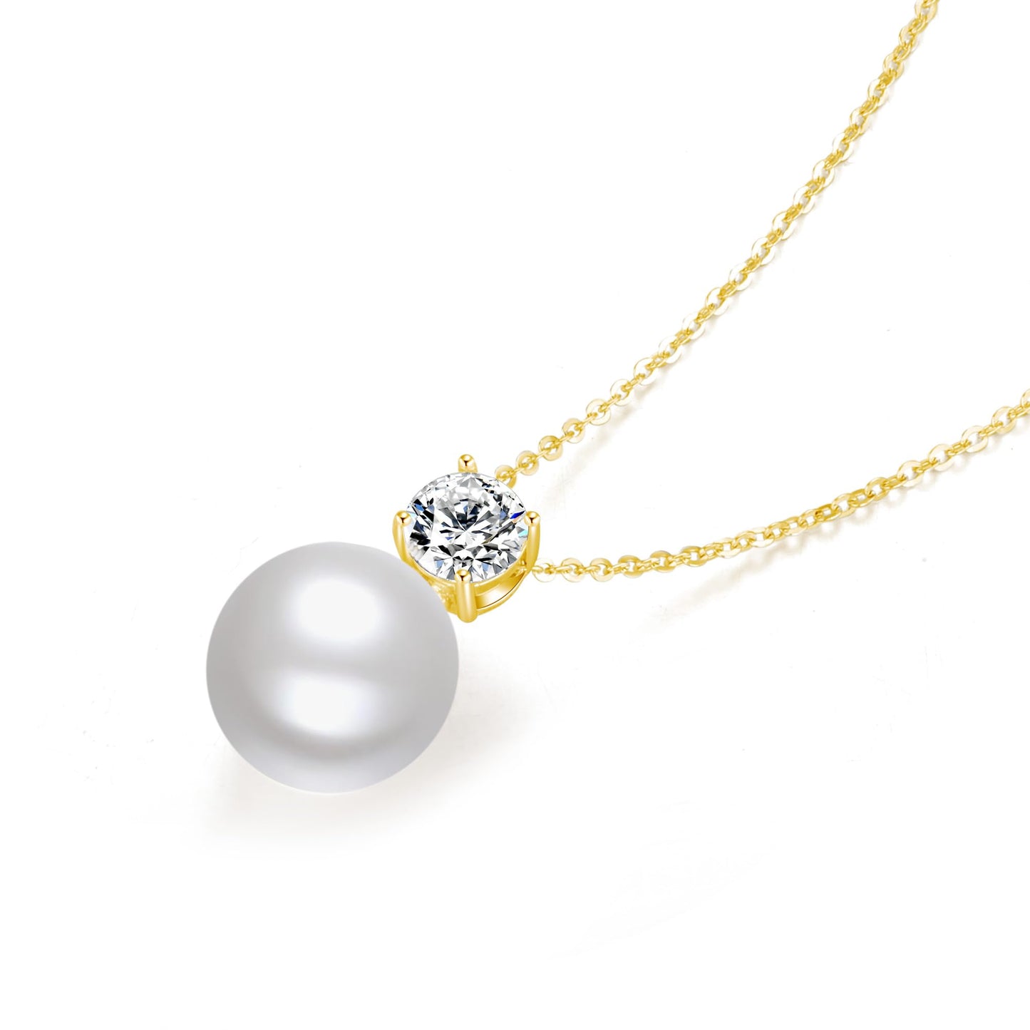 SUNFEEL Dainty Imitation Pearl Necklaces for Women, 925 Sterling Silver 14K Gold Plated Single Pearl Pendant Necklace Inlaid Cubic Zirconia for Mom Wife Girlfriend Bride Bridesmaids Pearl Jewelry Gift