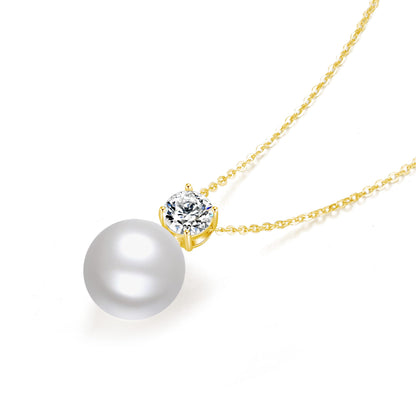 SUNFEEL Dainty Imitation Pearl Necklaces for Women, 925 Sterling Silver 14K Gold Plated Single Pearl Pendant Necklace Inlaid Cubic Zirconia for Mom Wife Girlfriend Bride Bridesmaids Pearl Jewelry Gift