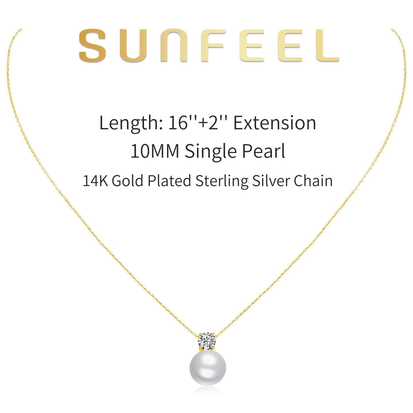 SUNFEEL Dainty Imitation Pearl Necklaces for Women, 925 Sterling Silver 14K Gold Plated Single Pearl Pendant Necklace Inlaid Cubic Zirconia for Mom Wife Girlfriend Bride Bridesmaids Pearl Jewelry Gift