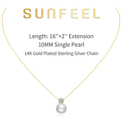 SUNFEEL Dainty Imitation Pearl Necklaces for Women, 925 Sterling Silver 14K Gold Plated Single Pearl Pendant Necklace Inlaid Cubic Zirconia for Mom Wife Girlfriend Bride Bridesmaids Pearl Jewelry Gift