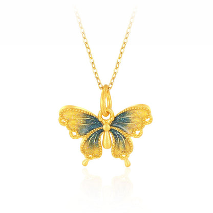 SUNFEEL 24K Gold Butterfly Pendant Blue Starlight Pendant Necklace Real Solid Gold Jewelry Gifts for Women