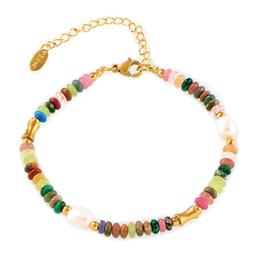 SUNFEEL Boho Beaded Bracelets for Women Colorful Natural Stone Bracelets Gold Pearl Chain Jewelry For Friendship and Birthday Gifts