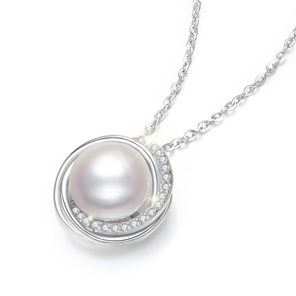 SUNFEEL Real Freshwater Pearl Necklaces for Women, Single Pearl Pendant Sterling Silver Necklace Cubic Zirconia Inlaid, Gifts for Mother, Wife, Girlfriend, Anniversary, Valentine's Day, Birthday
