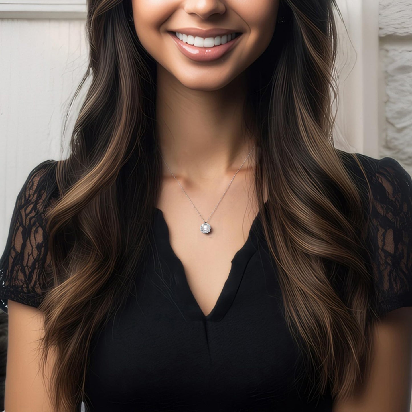 SUNFEEL Real Freshwater Pearl Necklaces for Women, Single Pearl Pendant Sterling Silver Necklace Cubic Zirconia Inlaid, Gifts for Mother, Wife, Girlfriend, Anniversary, Valentine's Day, Birthday