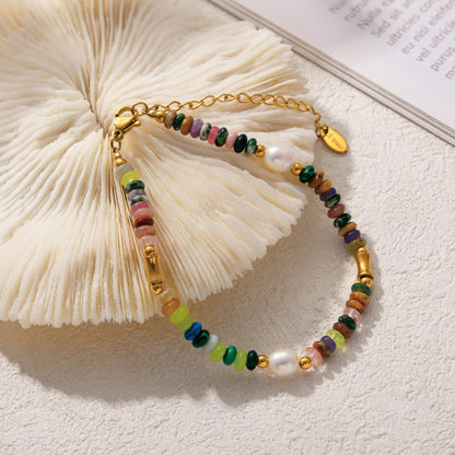 SUNFEEL Boho Beaded Bracelets for Women Colorful Natural Stone Bracelets Gold Pearl Chain Jewelry For Friendship and Birthday Gifts
