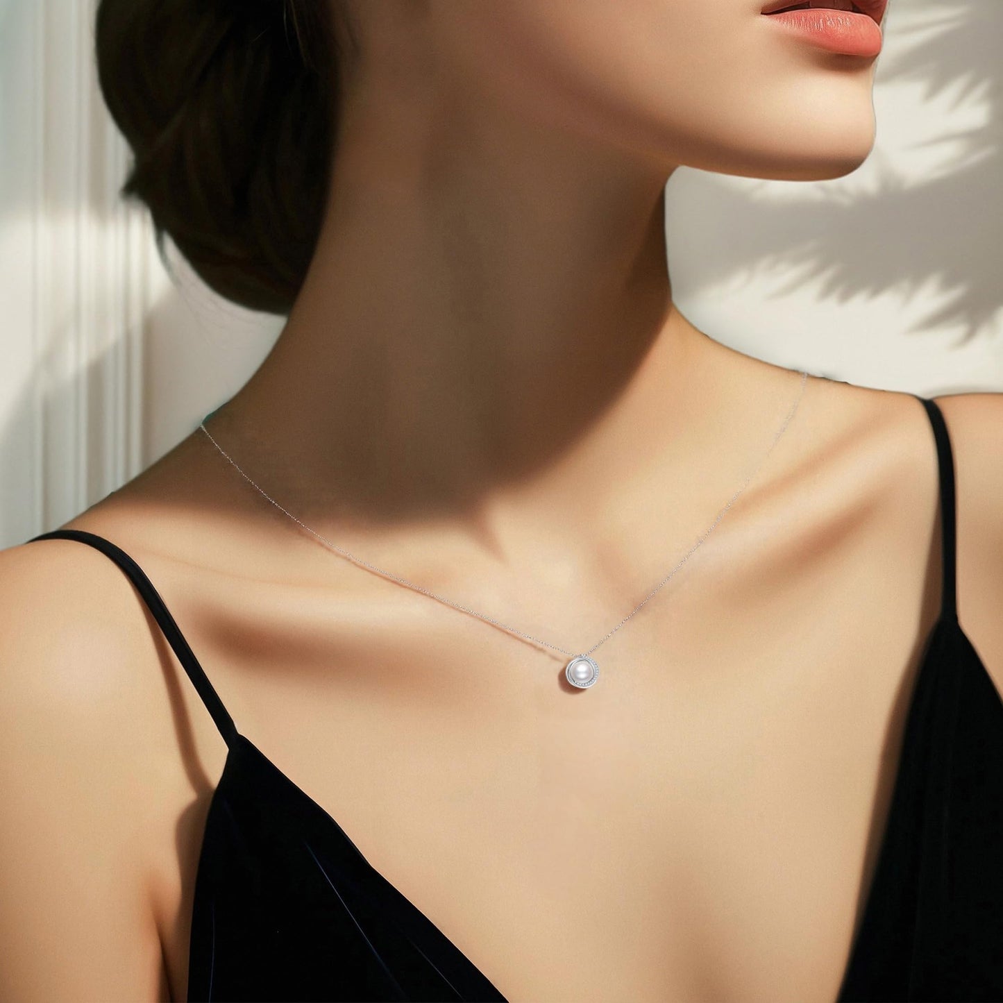 SUNFEEL Real Freshwater Pearl Necklaces for Women, Single Pearl Pendant Sterling Silver Necklace Cubic Zirconia Inlaid, Gifts for Mother, Wife, Girlfriend, Anniversary, Valentine's Day, Birthday