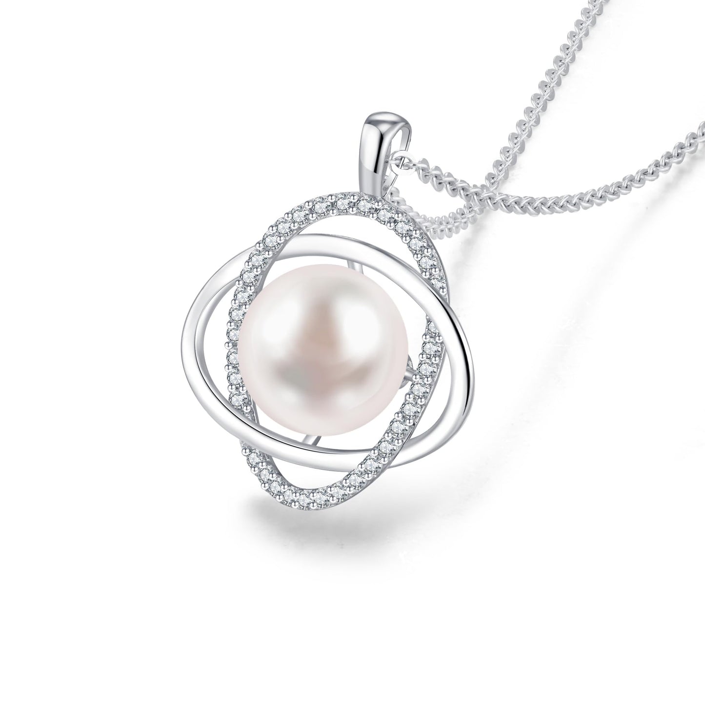 SUNFEEL Real Single Pearl Pendant Necklace for Women, 925 Sterling Silver Trendy Double Ring Pearl Necklace for Mother Wife Girlfriend Bridesmaid Jewelry Gifts for Wedding Prom Birthday Anniversary