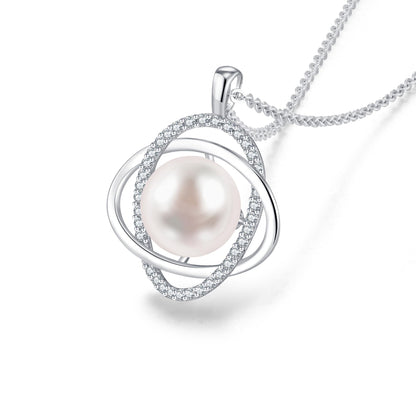 SUNFEEL Real Single Pearl Pendant Necklace for Women, 925 Sterling Silver Trendy Double Ring Pearl Necklace for Mother Wife Girlfriend Bridesmaid Jewelry Gifts for Wedding Prom Birthday Anniversary