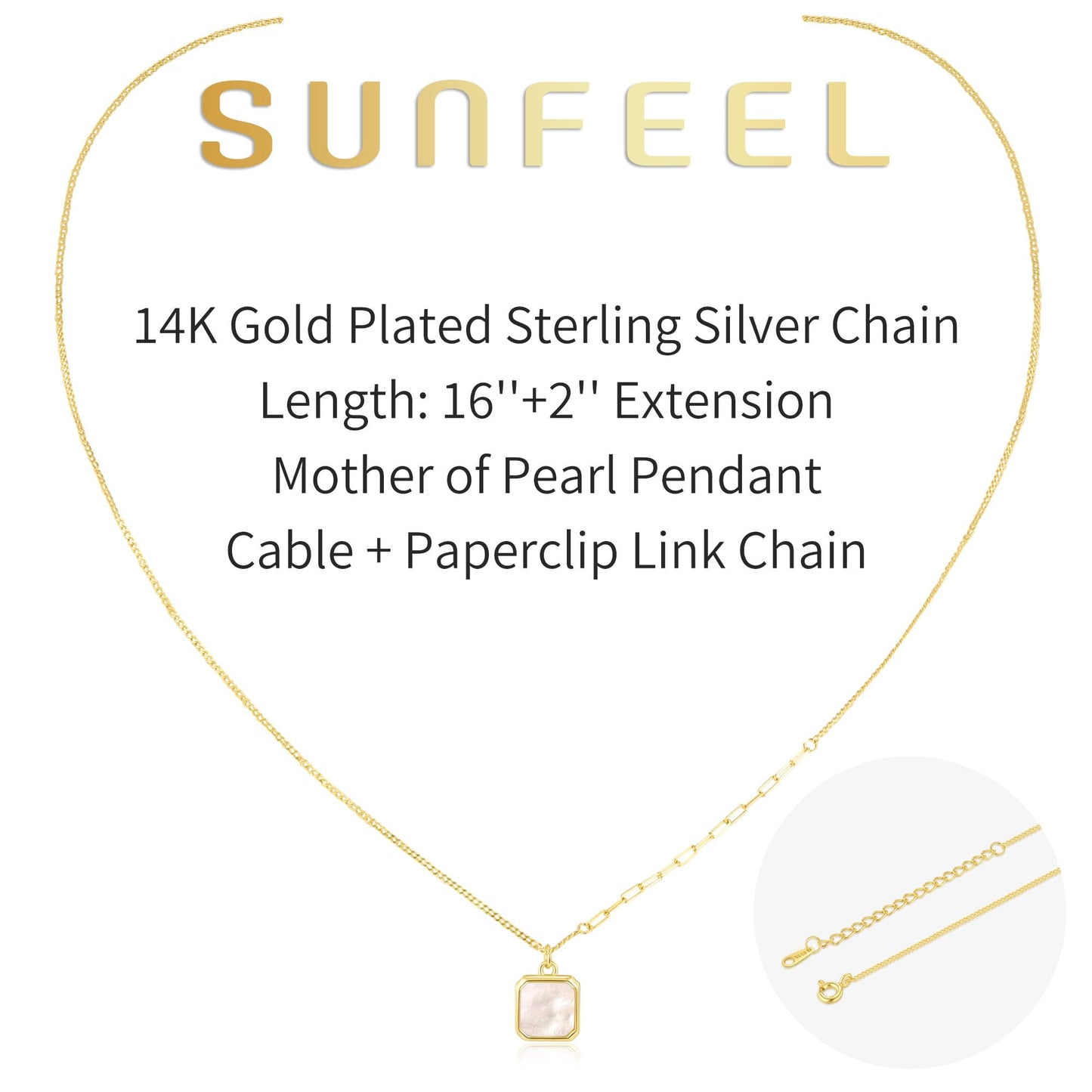 SUNFEEL Mother of Pearl Pendant Necklace for Women 14K Gold Plated Sterling Silver Necklace Dainty Jewelry Gifts for Mom Wife Girlfriend Bridal for Wedding Prom Birthday Anniversary Party, Length 16+2 Inch