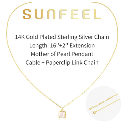SUNFEEL Mother of Pearl Pendant Necklace for Women 14K Gold Plated Sterling Silver Necklace Dainty Jewelry Gifts for Mom Wife Girlfriend Bridal for Wedding Prom Birthday Anniversary Party, Length 16+2 Inch