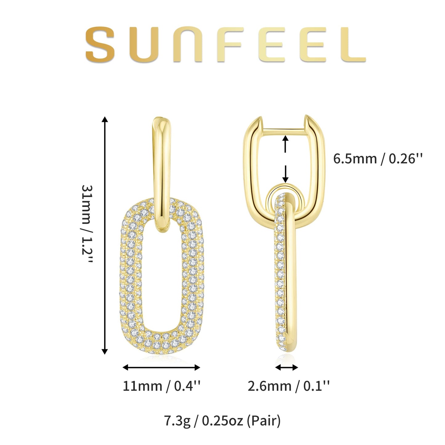SUNFEEL Gold Paperclip Earrings for Women Trendy, 14K Gold Plated 925 Sterling Silver Dainty Paperclip Cubic Zirconia Dangle Earrings, Hypoallergenic Fashion Gold Jewelry Gifts for Women