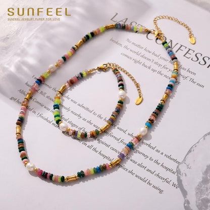 SUNFEEL Boho Beaded Bracelets for Women Colorful Natural Stone Bracelets Gold Pearl Chain Jewelry For Friendship and Birthday Gifts