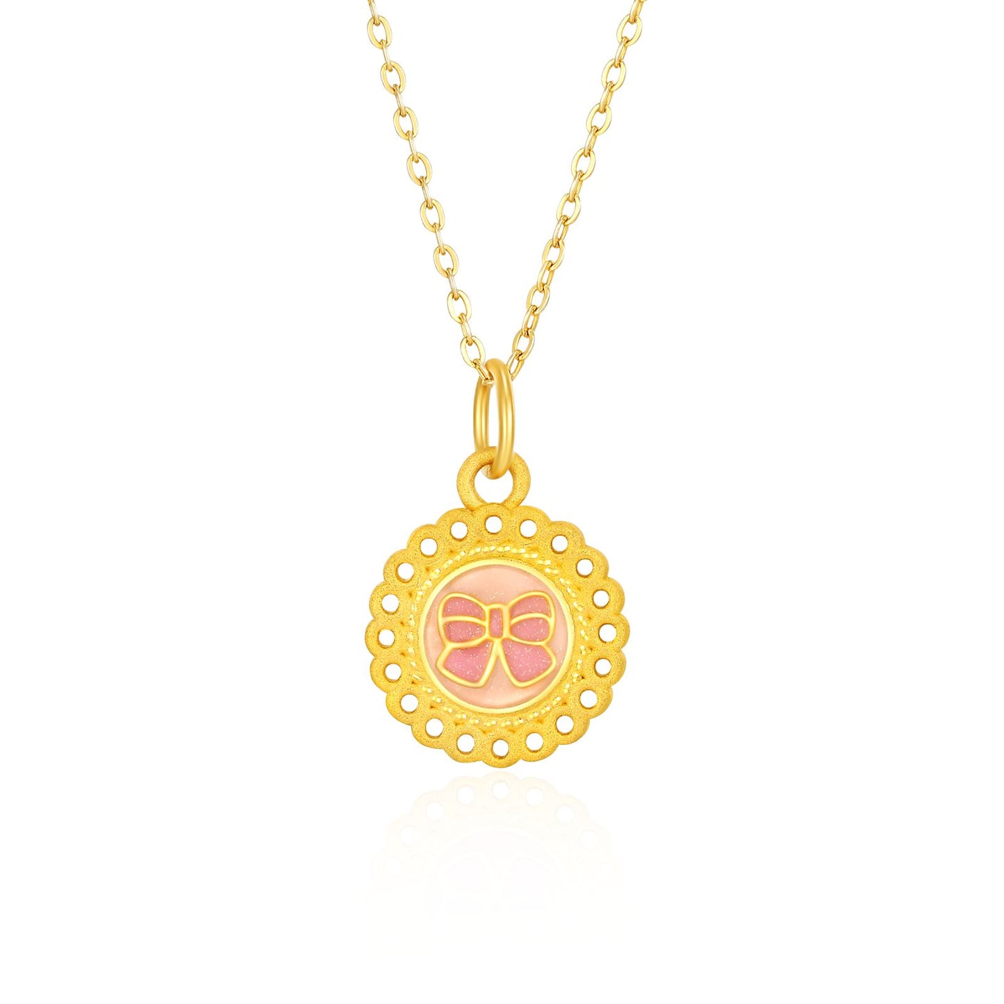 SUNFEEL 24K Gold Pink Enamel Romantic Pendant Gold Bow Pendant Necklace