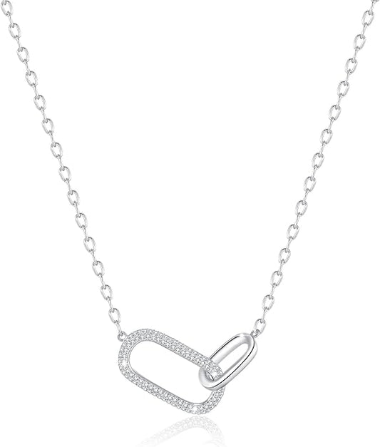 SUNFEEL 925 Sterling Silver 14K Gold Plated Pendant Necklace for Women, Dainty Interlocking Paperclip Necklaces Cubic Zirconia for Mom Wife Girlfriend Bridal Jewelry Gift for Prom Birthday Anniversary