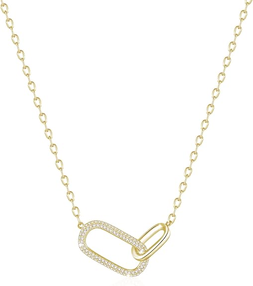SUNFEEL 925 Sterling Silver 14K Gold Plated Pendant Necklace for Women, Dainty Interlocking Paperclip Necklaces Cubic Zirconia for Mom Wife Girlfriend Bridal Jewelry Gift for Prom Birthday Anniversary