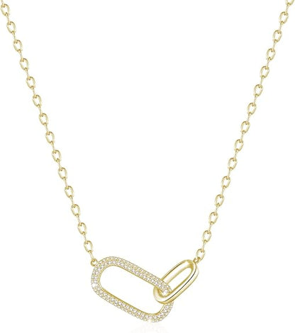 SUNFEEL 925 Sterling Silver 14K Gold Plated Pendant Necklace for Women, Dainty Interlocking Paperclip Necklaces Cubic Zirconia for Mom Wife Girlfriend Bridal Jewelry Gift for Prom Birthday Anniversary