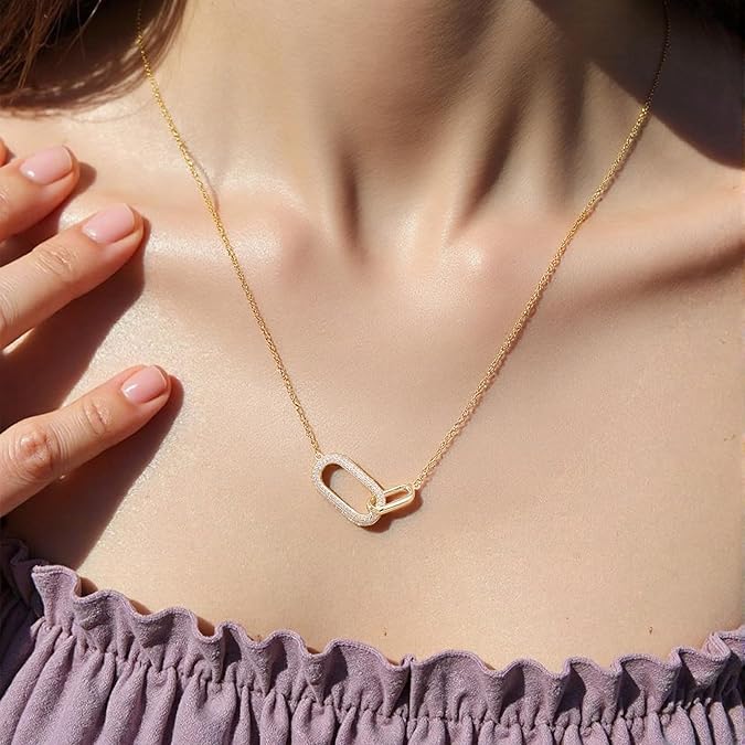SUNFEEL 925 Sterling Silver 14K Gold Plated Pendant Necklace for Women, Dainty Interlocking Paperclip Necklaces Cubic Zirconia for Mom Wife Girlfriend Bridal Jewelry Gift for Prom Birthday Anniversary