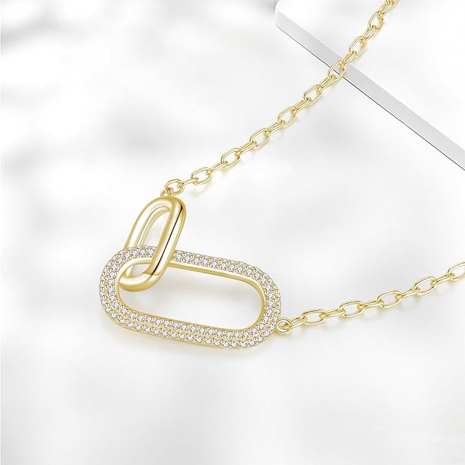 SUNFEEL 925 Sterling Silver 14K Gold Plated Pendant Necklace for Women, Dainty Interlocking Paperclip Necklaces Cubic Zirconia for Mom Wife Girlfriend Bridal Jewelry Gift for Prom Birthday Anniversary