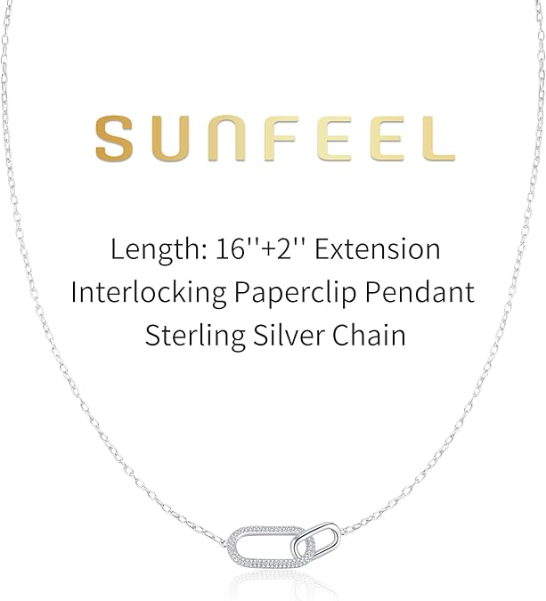 SUNFEEL 925 Sterling Silver 14K Gold Plated Pendant Necklace for Women, Dainty Interlocking Paperclip Necklaces Cubic Zirconia for Mom Wife Girlfriend Bridal Jewelry Gift for Prom Birthday Anniversary