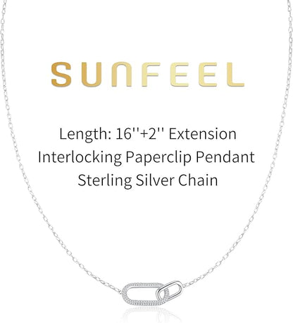 SUNFEEL 925 Sterling Silver 14K Gold Plated Pendant Necklace for Women, Dainty Interlocking Paperclip Necklaces Cubic Zirconia for Mom Wife Girlfriend Bridal Jewelry Gift for Prom Birthday Anniversary