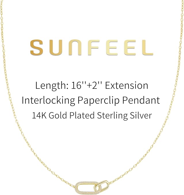 SUNFEEL 925 Sterling Silver 14K Gold Plated Pendant Necklace for Women, Dainty Interlocking Paperclip Necklaces Cubic Zirconia for Mom Wife Girlfriend Bridal Jewelry Gift for Prom Birthday Anniversary