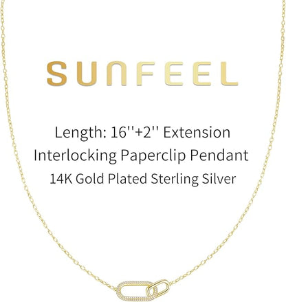 SUNFEEL 925 Sterling Silver 14K Gold Plated Pendant Necklace for Women, Dainty Interlocking Paperclip Necklaces Cubic Zirconia for Mom Wife Girlfriend Bridal Jewelry Gift for Prom Birthday Anniversary