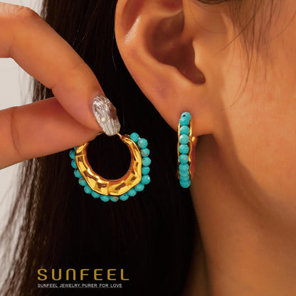 SUNFEEL Beaded Hoop Earrings 14K Gold Colorful Bead Earrings Chic Dangle Earrings Wedding Birthday Jewelry for Women
