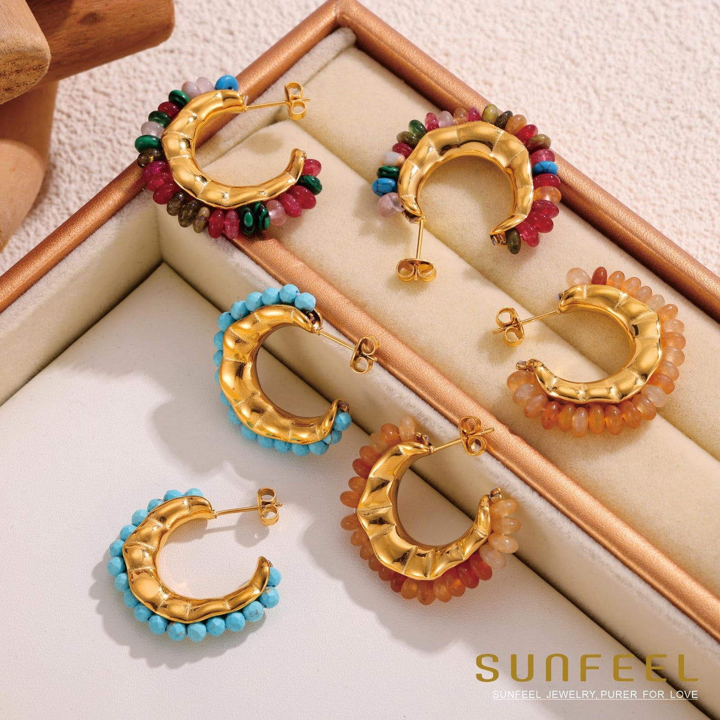 SUNFEEL Beaded Hoop Earrings 14K Gold Colorful Bead Earrings Chic Dangle Earrings Wedding Birthday Jewelry for Women